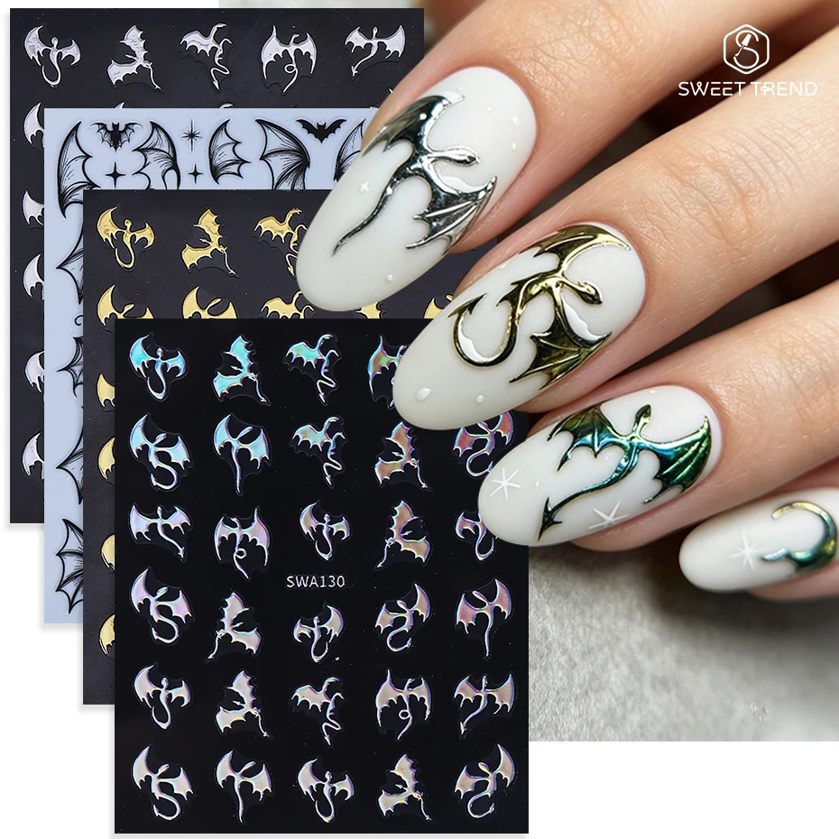 3/4pcs Metal Flying Dragon Nail Sticker Gold Silver Laser Black Flying Devil Bat Design Nail Decals DIY Halloween Manicure Decor