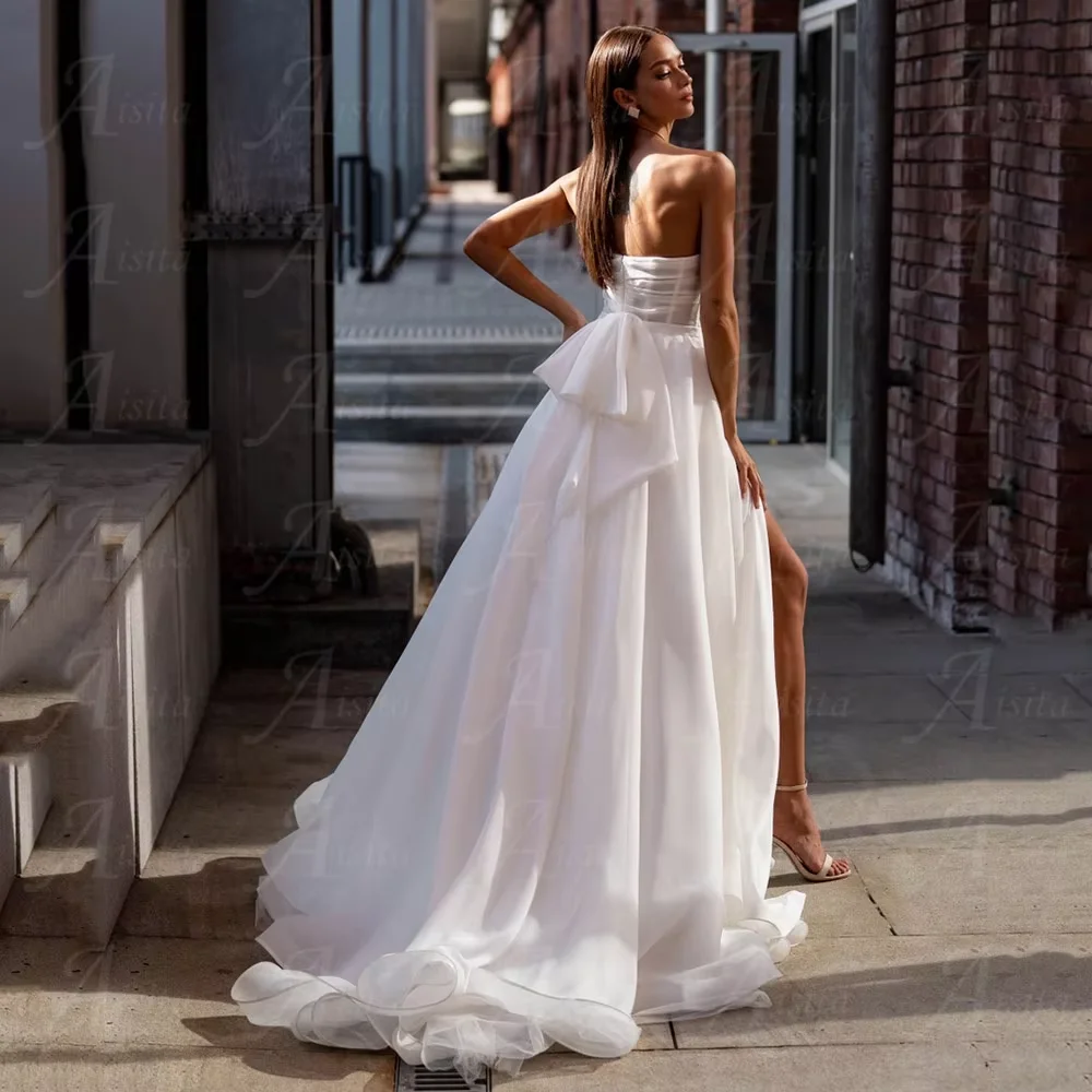 Personalizado querida plissados vestido de casamento uma linha lado dividir vestidos de noiva zíper volta com arco tribunal trem vestidos de novia