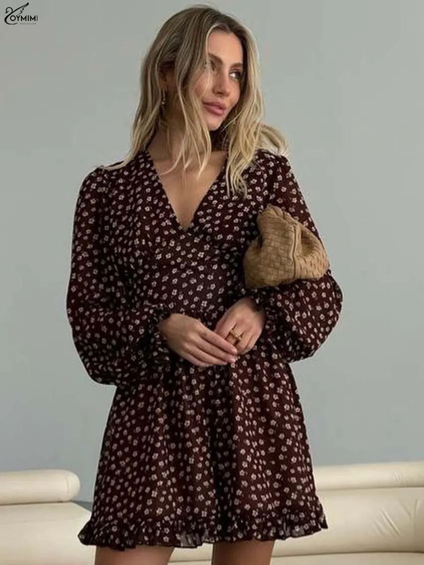 

Oymimi Fashion Brown Print Dresses 2025 Woman Elegant V-Neck Long Sleeve High Waist Dresses Casual Pleated Mini Dress Streetwear