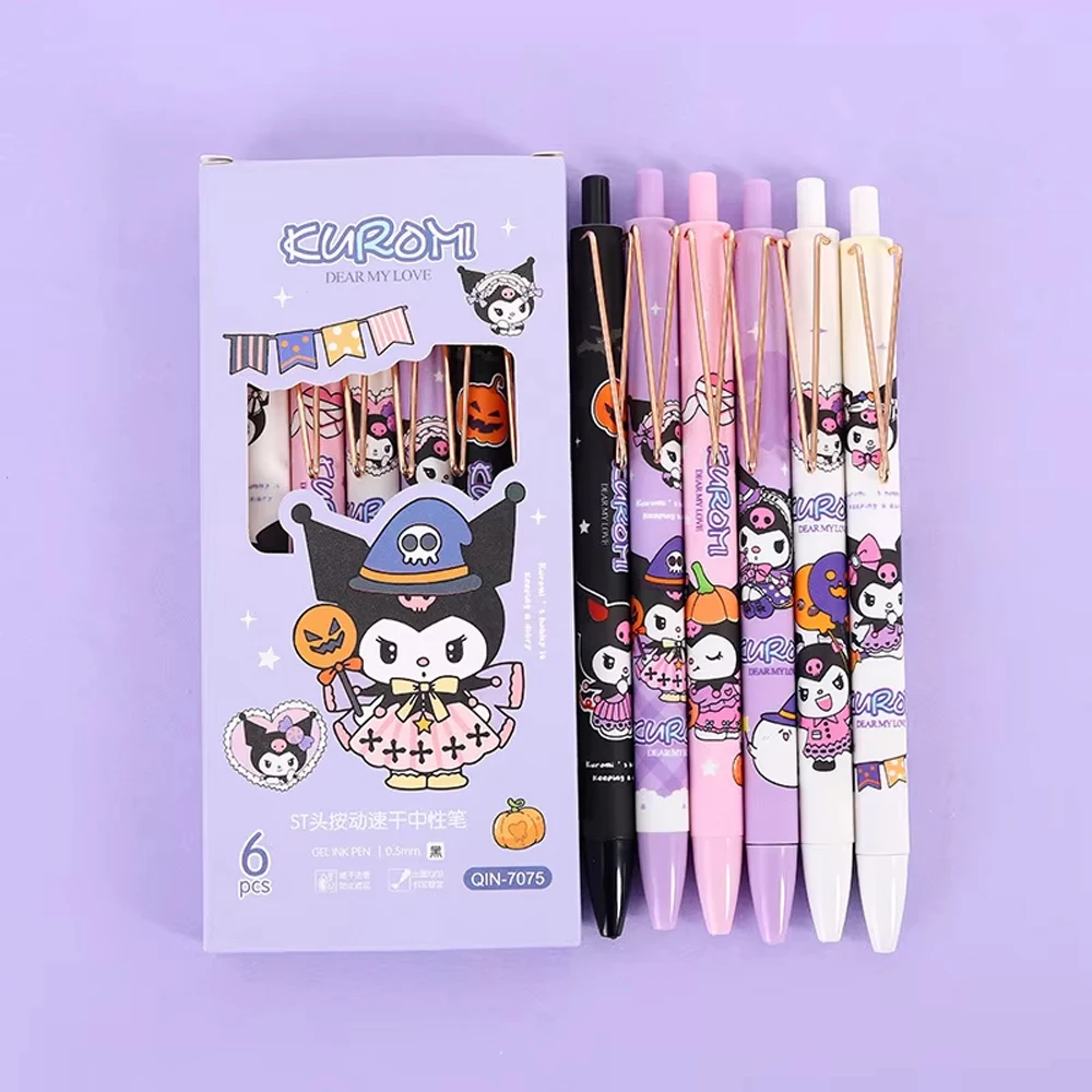 

6pcs Hello Kitty Gel Pen Kuromi Melody 0.5 Black Student Writing Pens Quick-drying Cute Stationery Girl Gift Pen