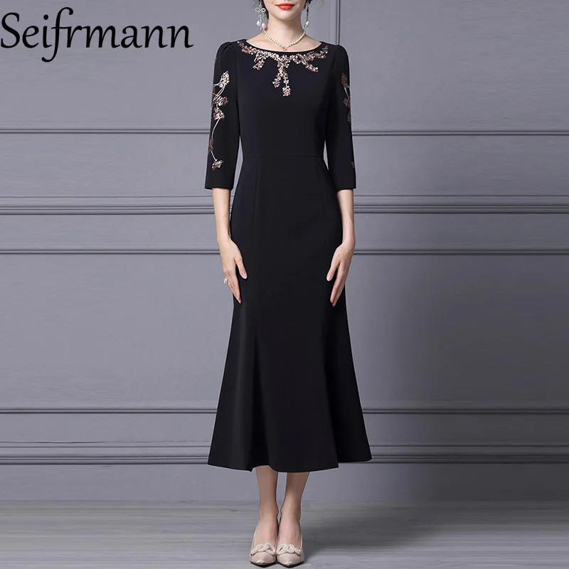 

Seifrmann Вечерние платья, осеннее женское платье с короткими рукавами и блестками, тонкие однотонные платья русалки премиум-класса