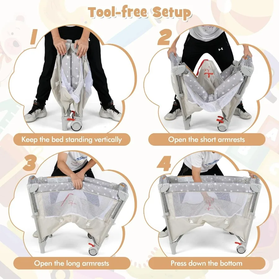 Pack and Play with Bassinet 5in1 Baby Bedside Sleeper w Diaper Changing Table Storage Bag Toy Arch Music Box Detachable Side Ra