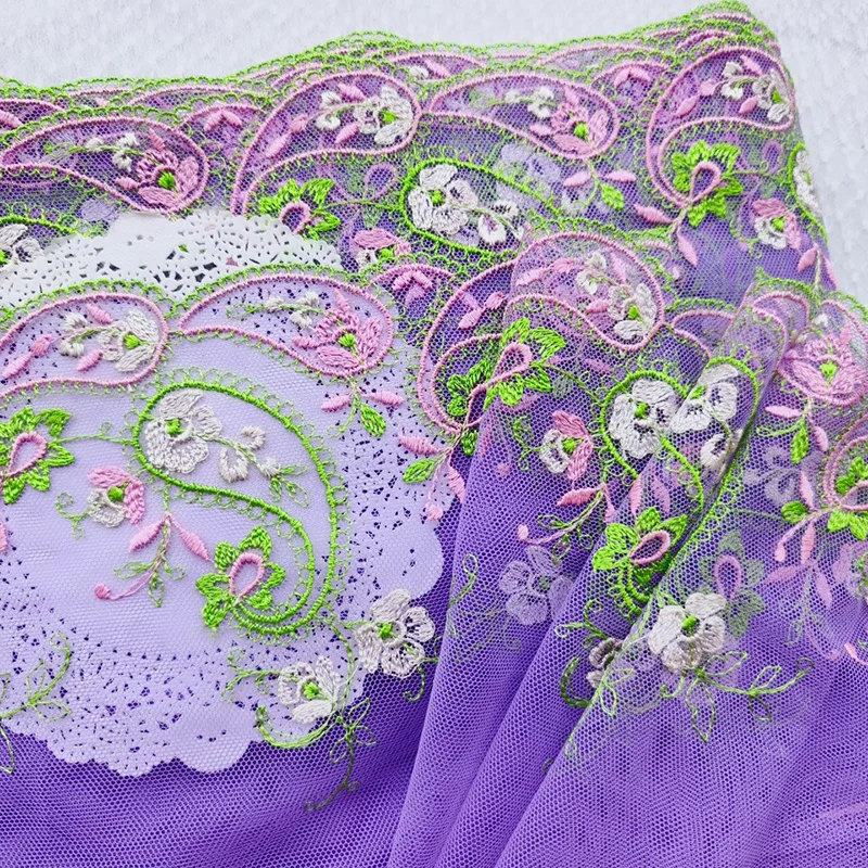 27Yards Tulle Embroidery Purple Green Edge Embroidery Lace Trim for Bridal Wedding Gown Costume Design Lace Mesh