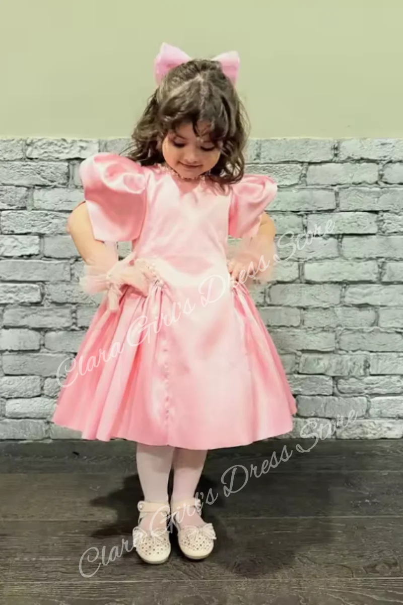 Rosa Perlen-Geburtstagspartykleid für Mädchen, kurzärmelig, A-Linie, Prinzessin, Blumenkleid, Kinderpartykleid, anpassbar