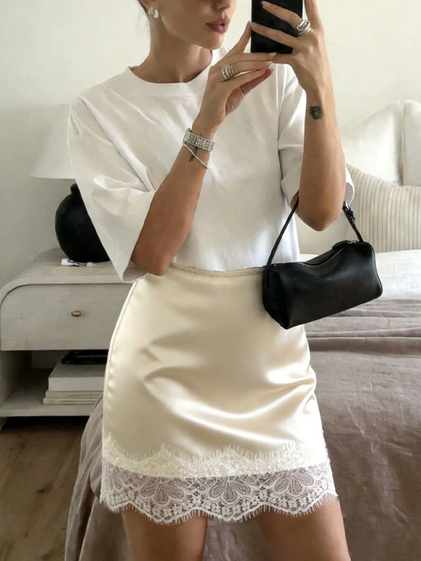 Elegant Women's Apricot Satin Mini Skirt, Eyelash Lace Hem Elastic Waist Smooth Flowy Versatile A-Line Skirt