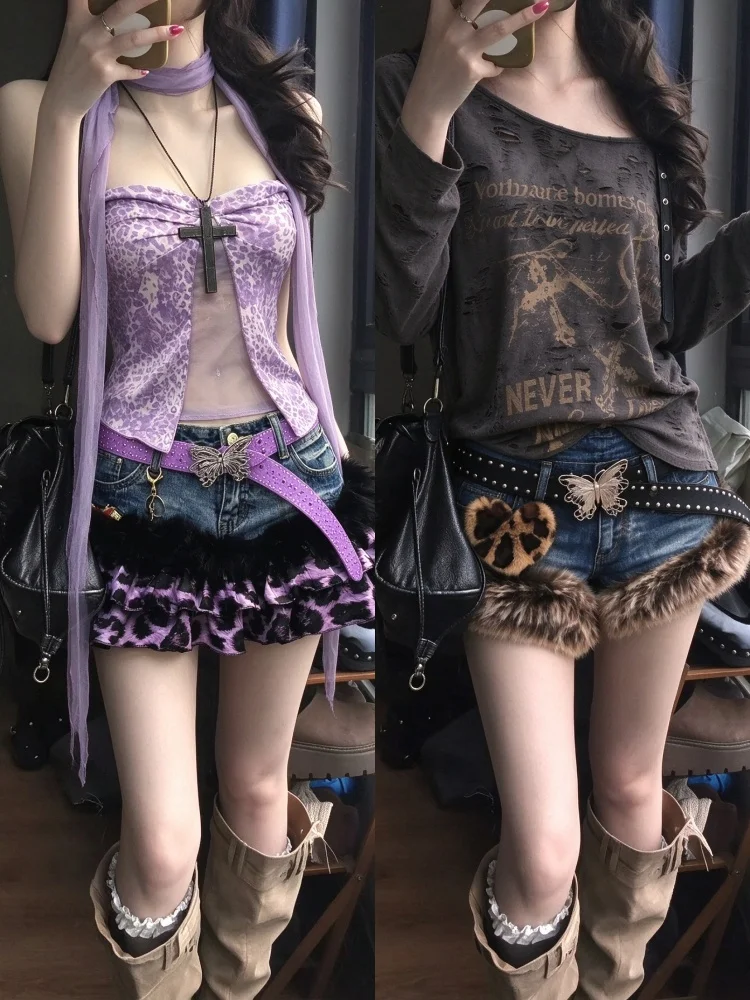 Punk Gothic American Style Women 2 Piece Outfits Leopard Print Tops and Mini Skirt Retro Harajuku Y2K Subculture Matching Sets