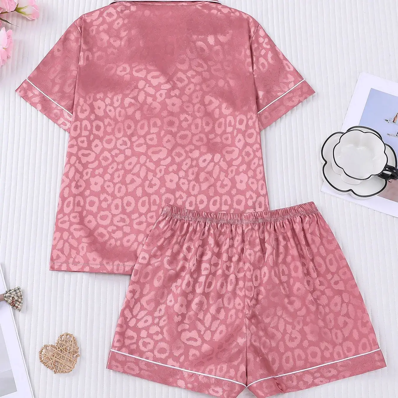 Women's Summer Ice Silk Pajamas Set Leopard Jacquard Lapel Collar With Pocket Short Sleeve Shorts Soft Home Sleepwear