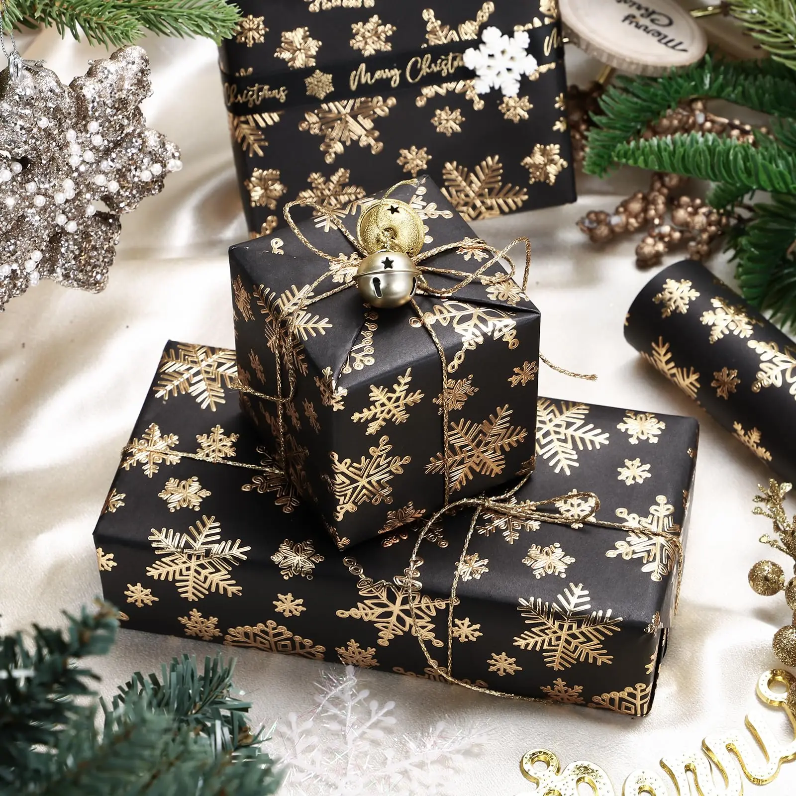 3D Kraft Christmas Wrapping Paper Mini Roll 43x500cm Gold Black Christmas Snowflake With Embossed Holiday Party Celebration
