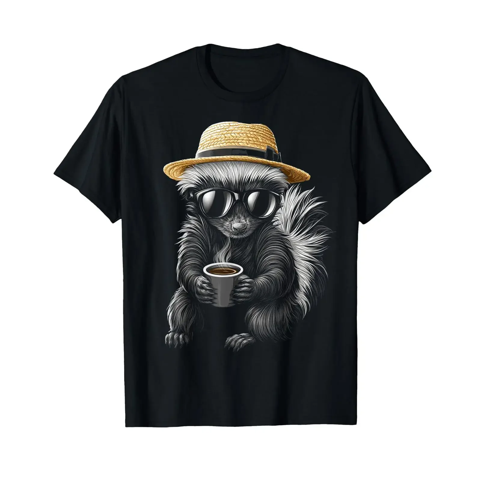 Funny Skunk Coffee Print Sunglasses Motif T Shirt vintage Washed Soft graphic Slightly homme Breathable streetwear Unisex