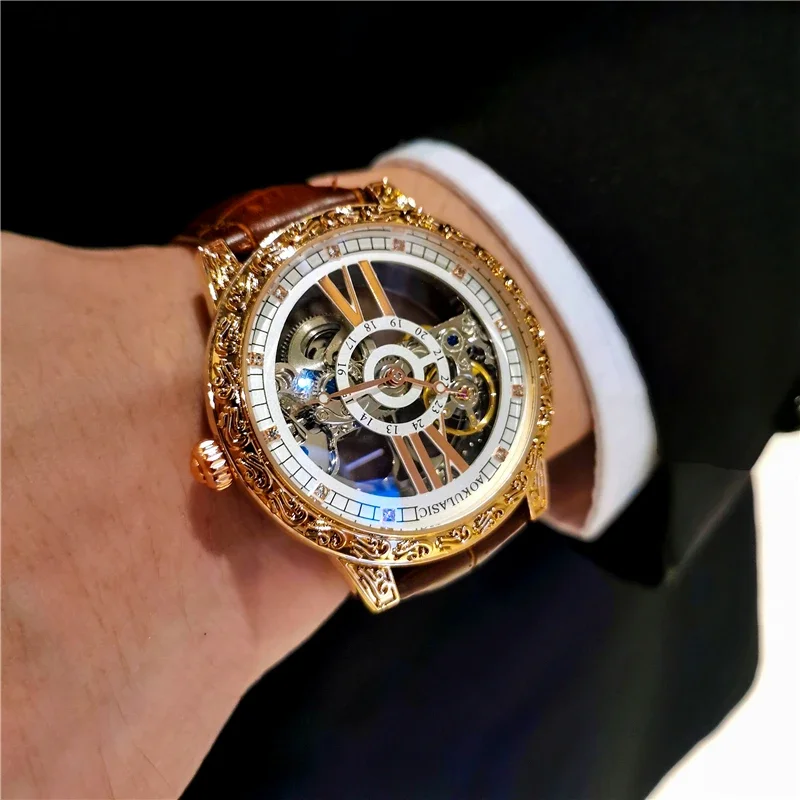 New AOKULASIC Watch Men Hollow Transparent Watches Fashion Retro Carved Case Automatic Mechanical Wristwatches Men Reloj Hombre