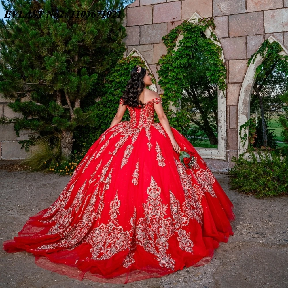 Evlast personalizado vermelho quinceanera vestido de baile ouro renda applique frisado méxico espartilho doce 16 vestidos de 15 anos e2q14