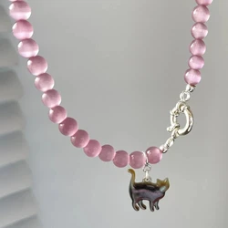 New Pink Crystal Opal Beaded Cat Pendant Necklace for Women Sweet Cool Cute Aesthetics Clavicle Chain 2023 Trendy Jewelry Gift