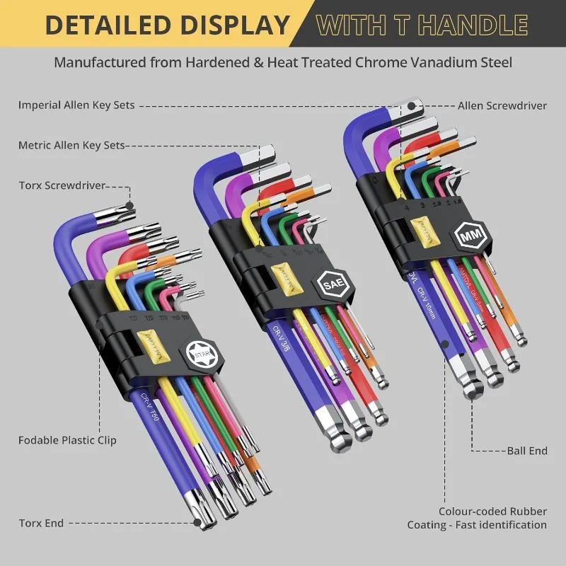 Metric & SAE Allen Wrench Set, Extra Long Ball & Star End Hex Keys with T-Handle & Color Coding for