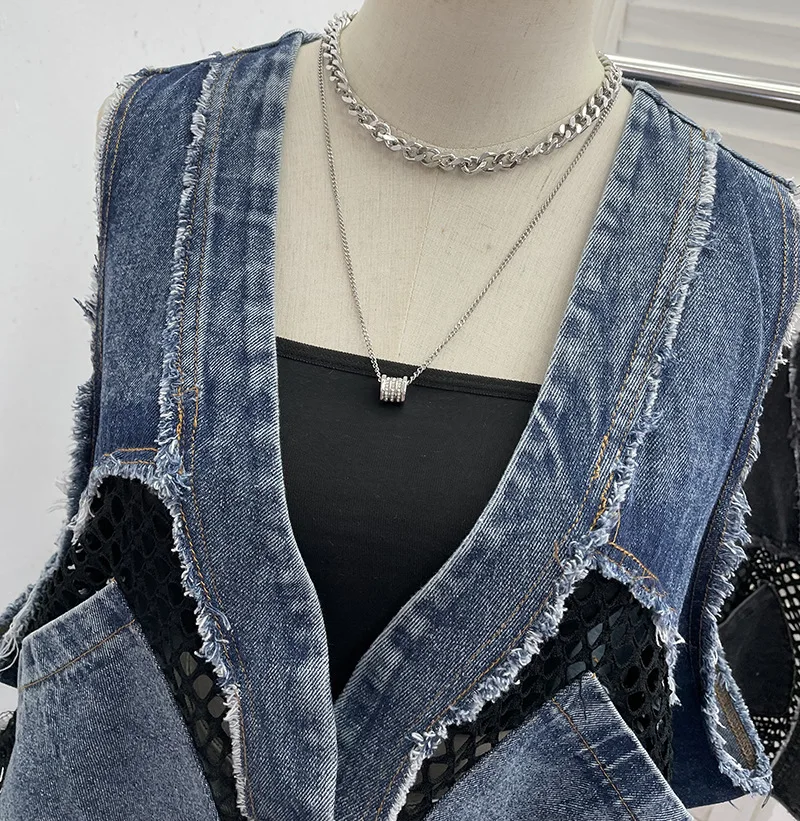 Sexy Rough Edge Denim Splicing Grid Vest Loose V-neck Sleeveless Jacket Coat Women