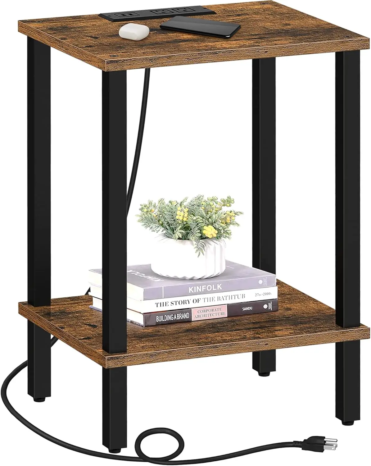 

Charging Station End Table with USB Ports and Outlets, 2-Tier Storage Shelf for Small Spaces