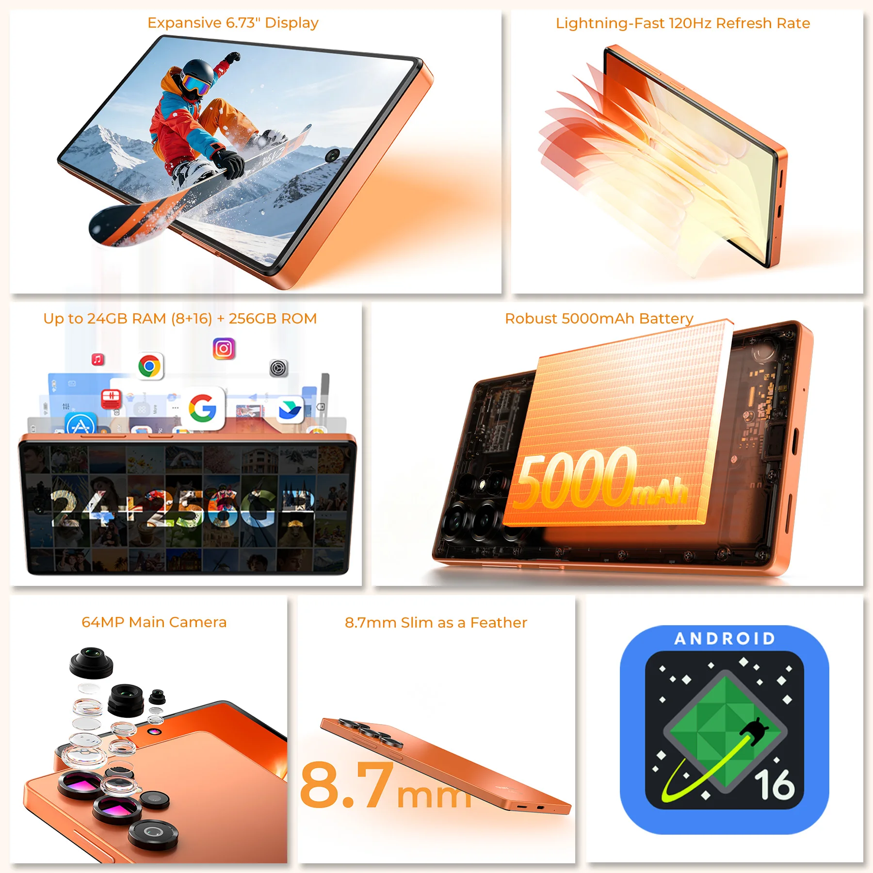 OUKITEL C66 Smartphone Android 16 Phone, 6.73” HD+ 24GB(8+16)+256GB, 5150mAh Dual 4G NFC Cellphone, 120Hz, 64MP Main Camera