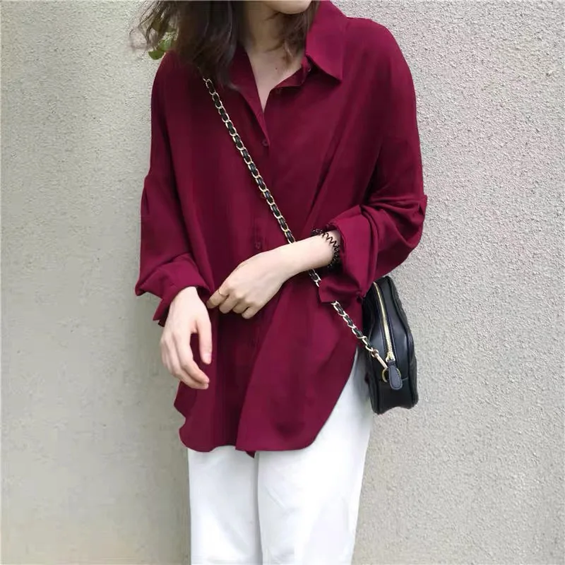 Women Clothing Fashion Solid Chiffon Shirt Autumn New Casual Loose Medium and Long Styles Button Blouse Office Lady Chic Y2k Top