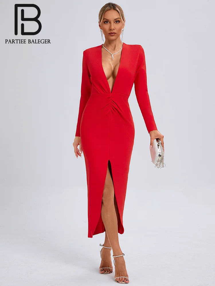 

PB Sexy Red Midi Calf Deep V Neck Long Sleeves Bandage Dress Women Ruched Slim Long Celebrity Evening Party Club Gown