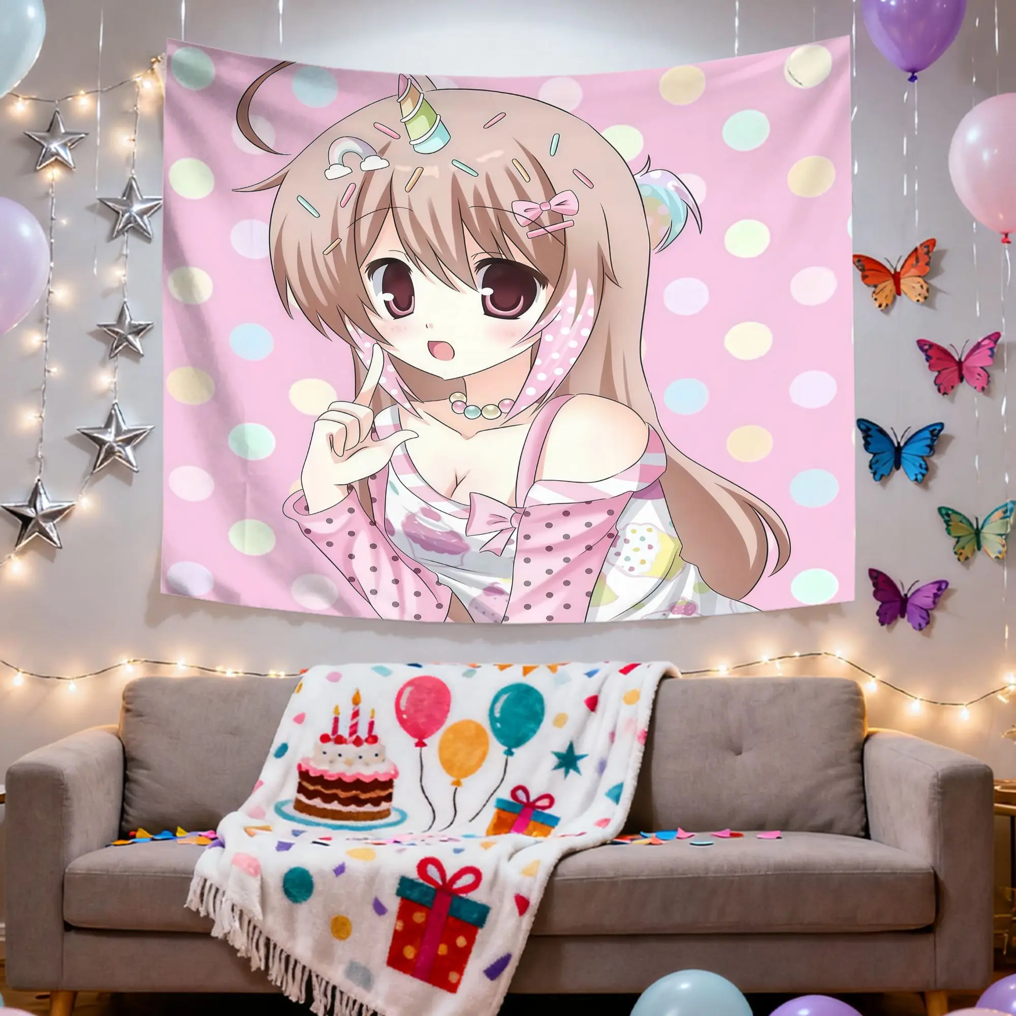 Hot Pink Polka Dot Unicorn Horn Anime Girl Tapestry Pastel Candy Manga Wall Art Aesthetic Room Decor for Bedroom Dorm Girl Gift