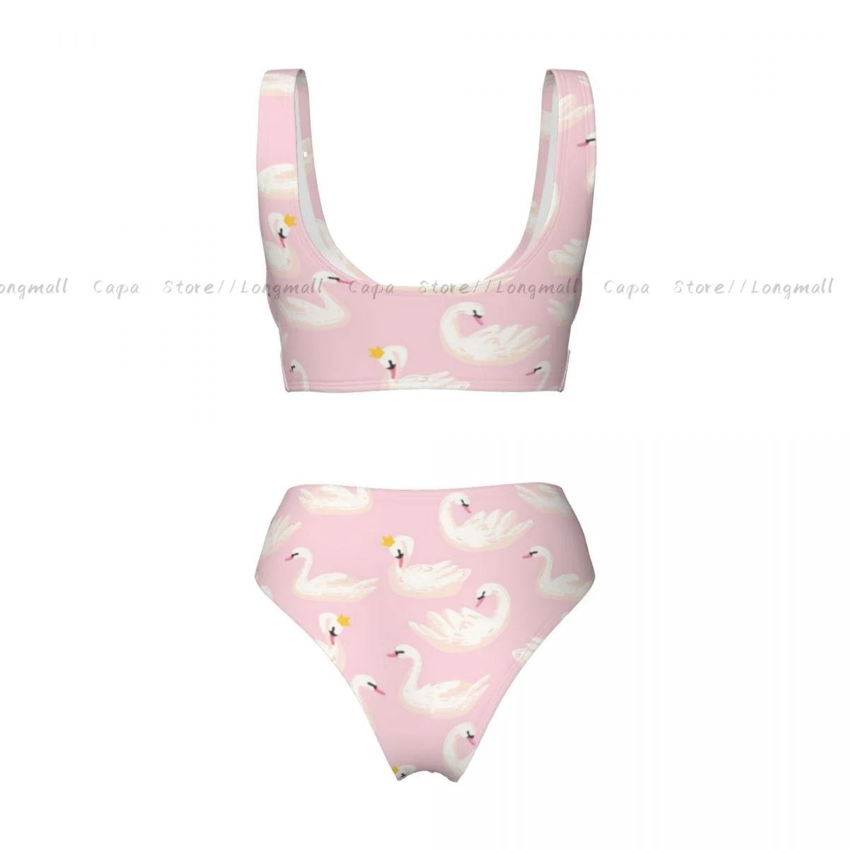 Verão feminino com decote em v conjunto de biquíni branco cisnes em coroas impressão banho feminino 2 peça praia maiô