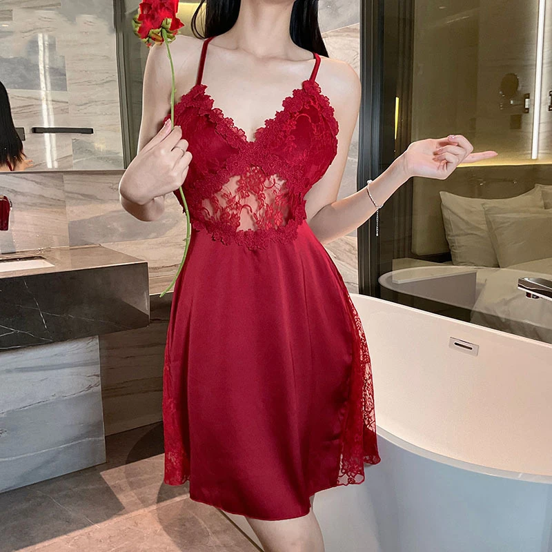 2025 nieuwe sexy hemdje nachtjapon dames kant thuis nachtkleding satijn diepe V backless luxe hemdje nachtkleding plus size rood zwart