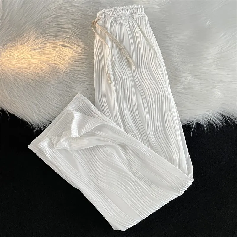 

Свободные повседневные брюки из ледяного шелка для мужчин, летние тонкие прямые драпированные брюки с широкими штанинами, длинные брюки в стиле панк, полиэфирная ткань