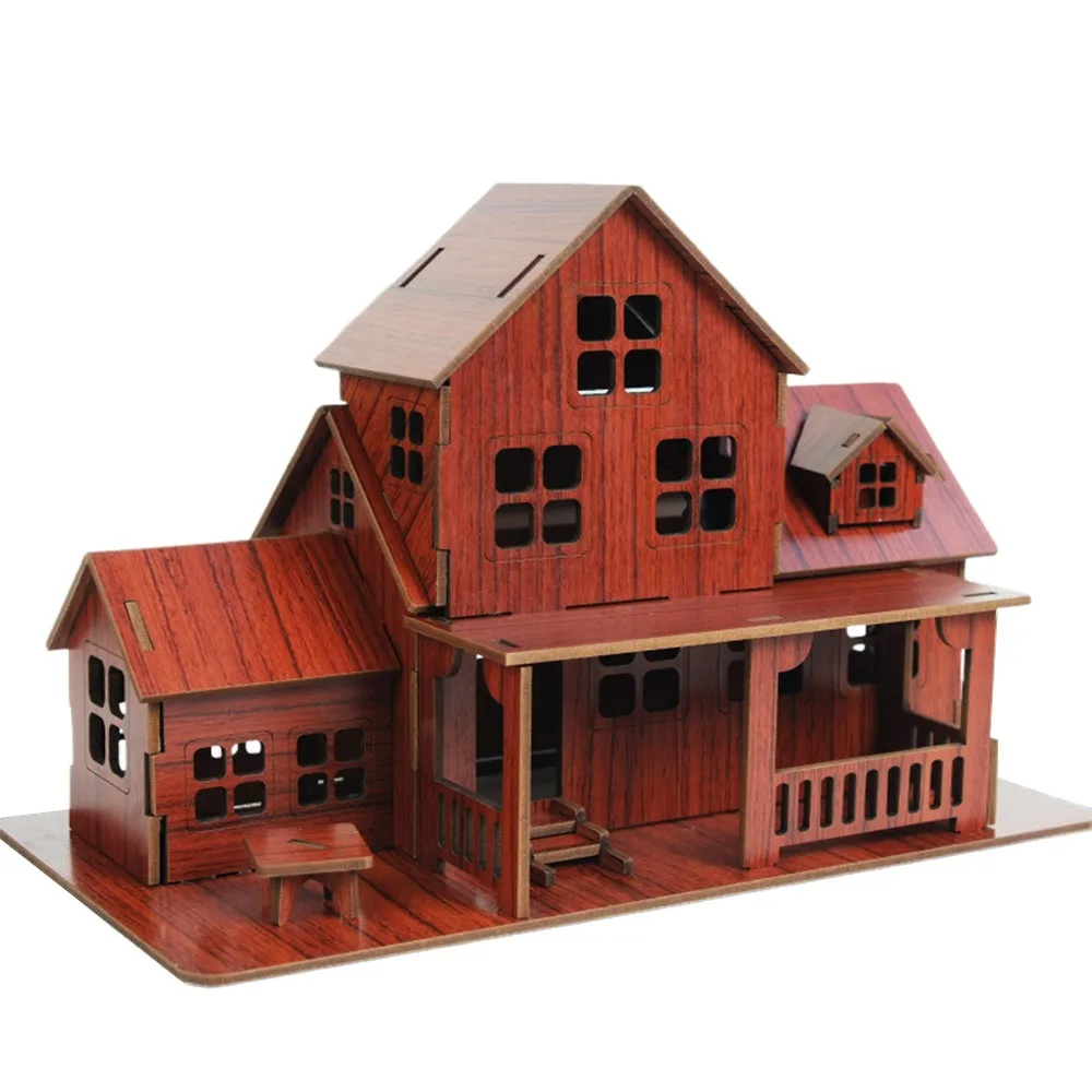 

Creative Yellow Brown 3D Wooden Puzzle Wood Exercise Attention Wooden House Jigsaw Puzzle Handmade Kits House Toy Puzzle Gift