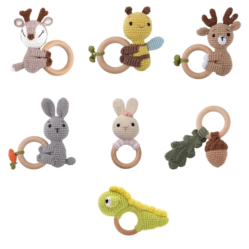 Wooden Baby Cartoon Dinosaur Baby Teething Toy for Visual Sensory Stimulation Rings Pendants Boho 0-12 Month