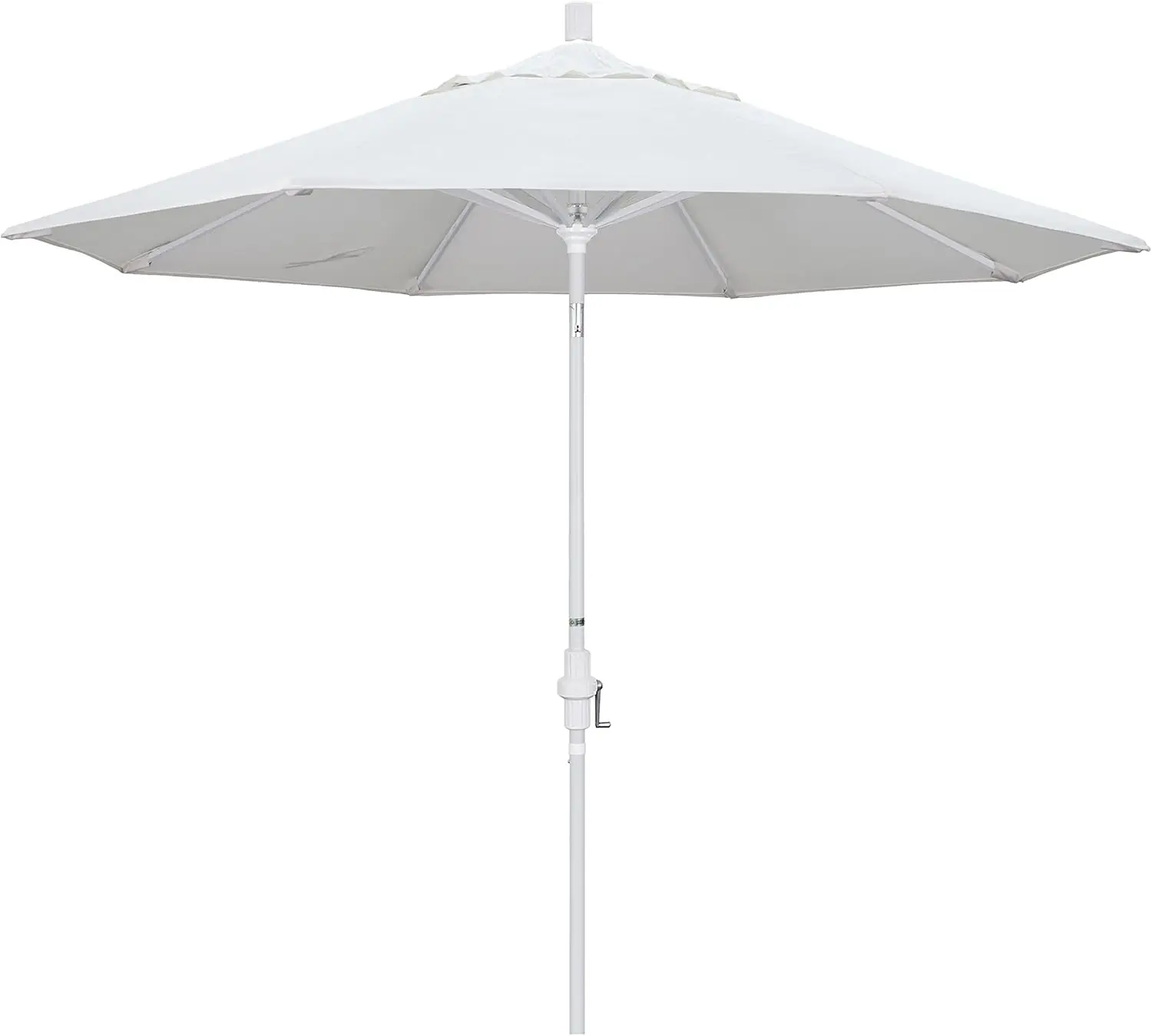 California Umbrella 9' Round Aluminum Market Umbrella, Crank Lift, Collar Tilt, White Pole, White Olefin