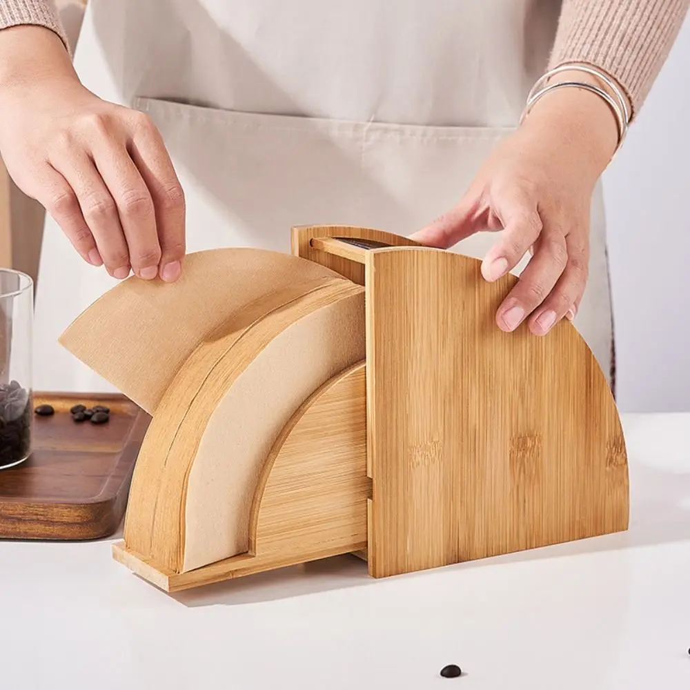 Dust-proof Coffee Filter Paper Holder Hand-operated Fanshaped Wood Filter Paper Box Space Saving Transparent Window