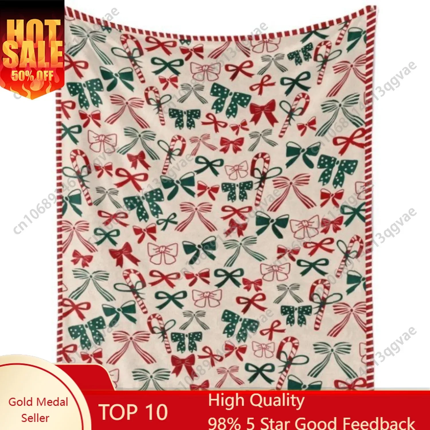 Christmas Bow & Candy Cane Throw Blanket 