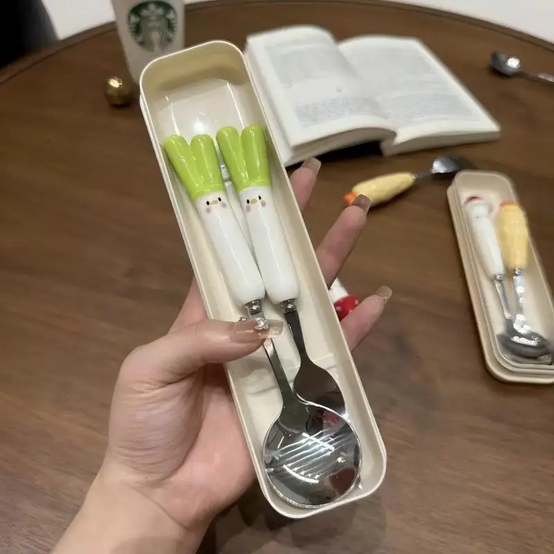 1 Pcs Student Cute High Beauty Spoon Fork 2-in-1 Ceramic Children's Office Worker Anti Slip Portable Tableware Set