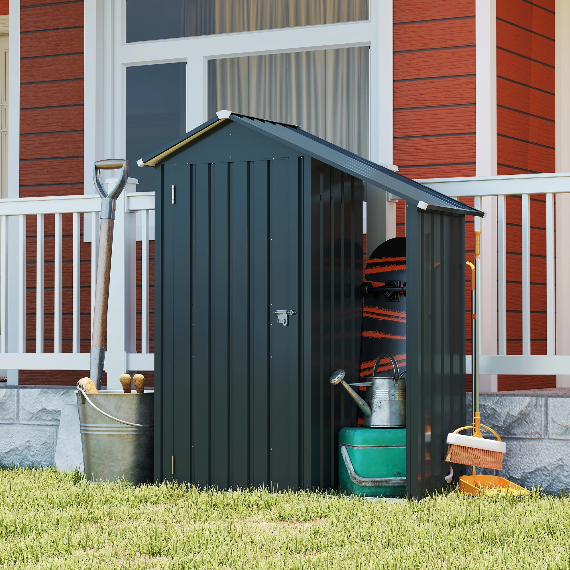 4.6FT Metal Garden Shed 2-in-1 Outdoor Storage Shed & Tool Cabinet with Open Firewood Rack,Lockable Compartment