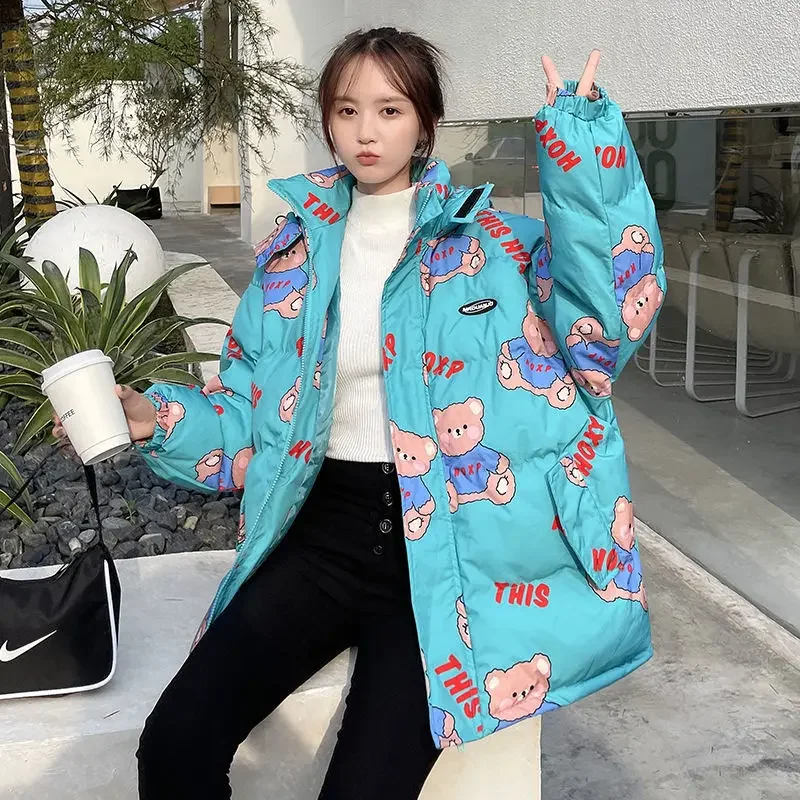 2022 new women\'s winter thickened bread coat printed bear clothes Japanese cute trend student hooded thickened bread coat