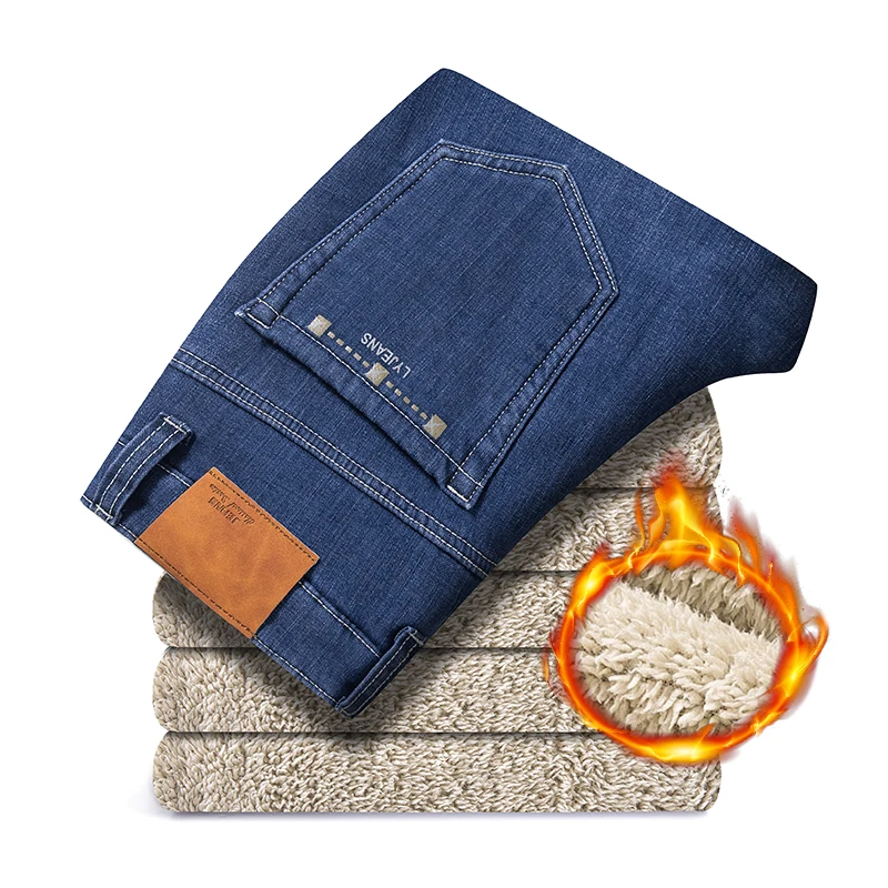 

Флисовые джинсы, мужские толстые зимние модные деловые свободные бархатные брюки, удобные прямые теплые повседневные мужские плюшевые джинсовые брюки