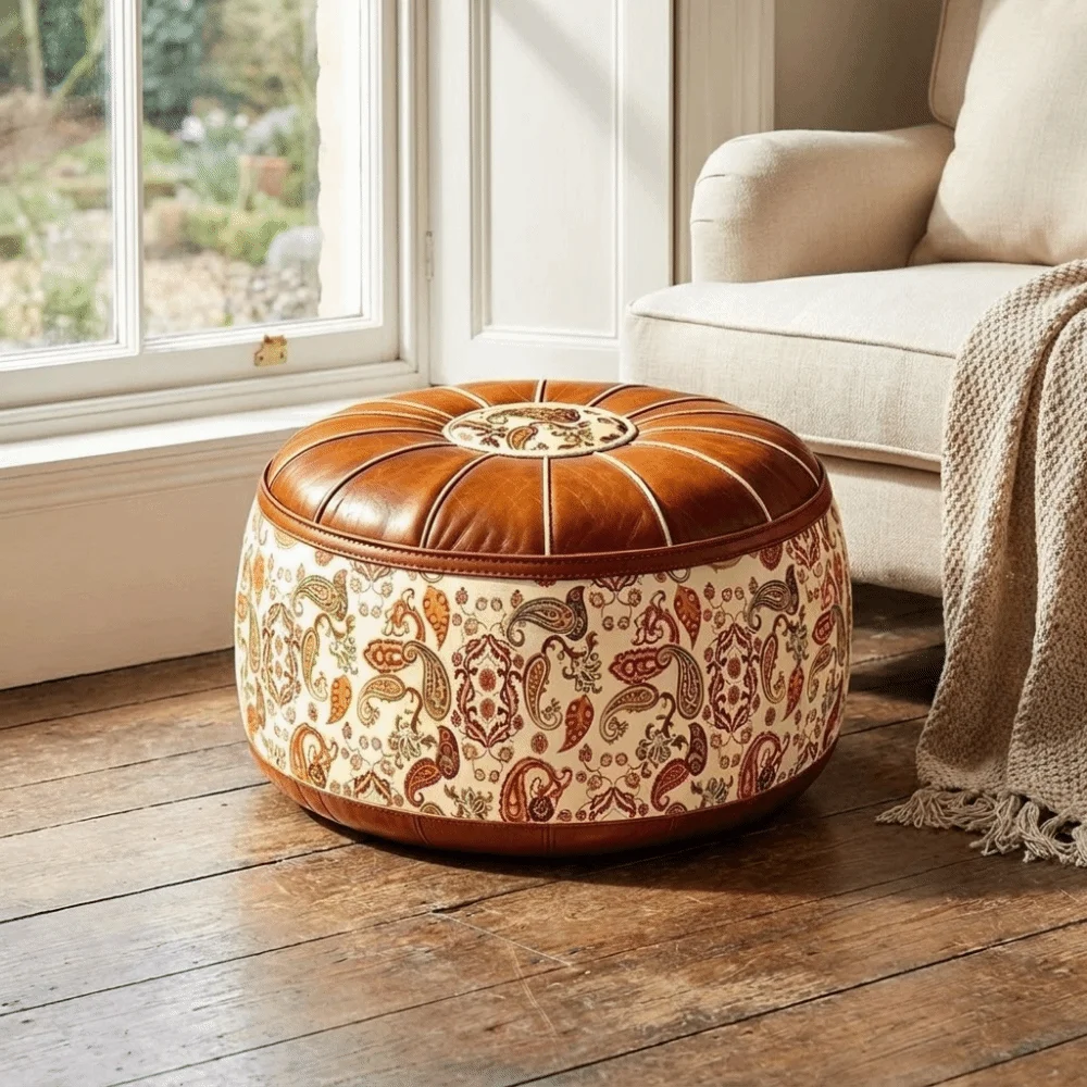 PU Leather Seat Cushion Cover Vintage Large Capacity Round Footstool Cover Space-Saving Unstuffed Clothes Storage Bag Leisure
