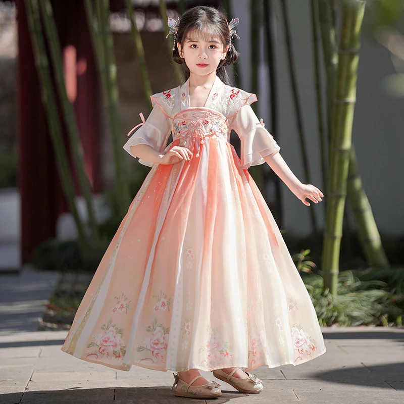 فستان شيفون صيني تقليدي صيفي من Hanfu للفتيات فستان Tang صيني بتنورة زهرة Hanfu