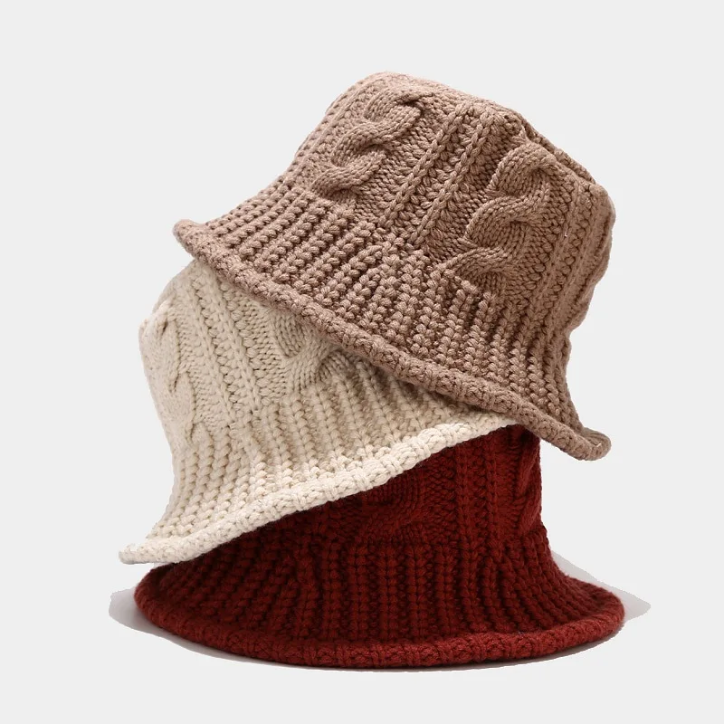 Panama Women\'s Autumn and Winter Warm Water Bucket Bowl Hat Knitted Wool Fisherman Hat Thickened Fashion Outdoor Cap H146