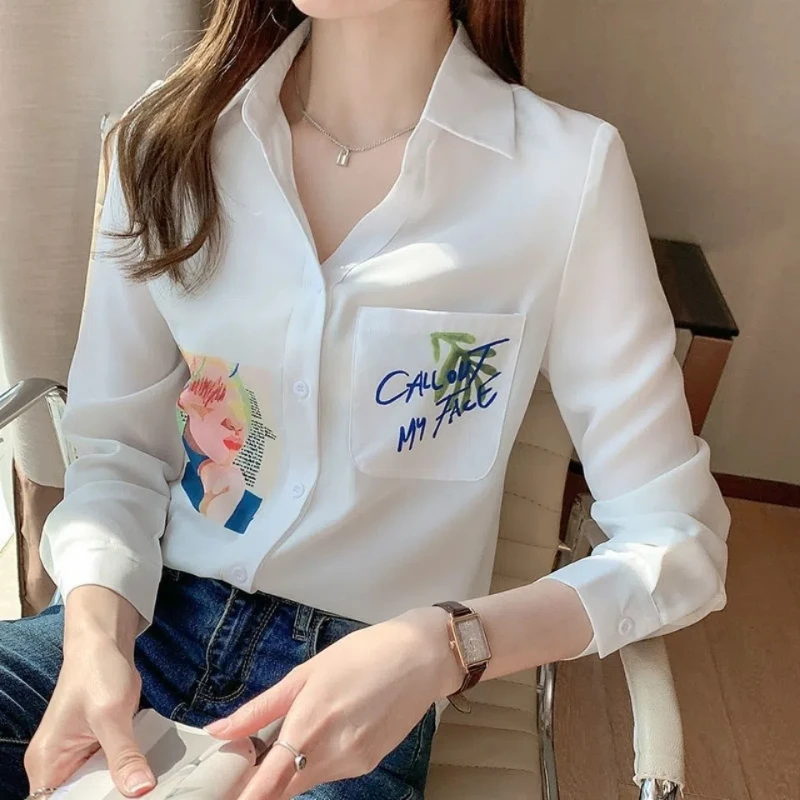 Spring Autumn New Fashion Elegance Printed Chiffon Shirts Women's Clothing Single Breasted Polo Neck Long Sleeve Loose Blouses