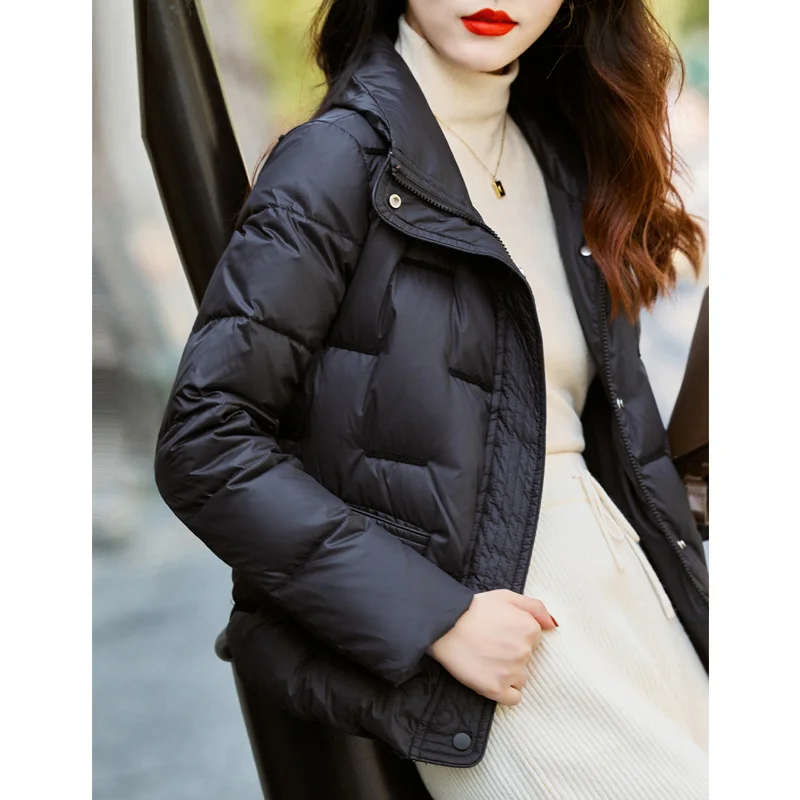 Black Short Down Jacket Women Winter 2023 New Small Fashion Thin White Duck Down Stand Collar Thickened Coats Straight Clothing