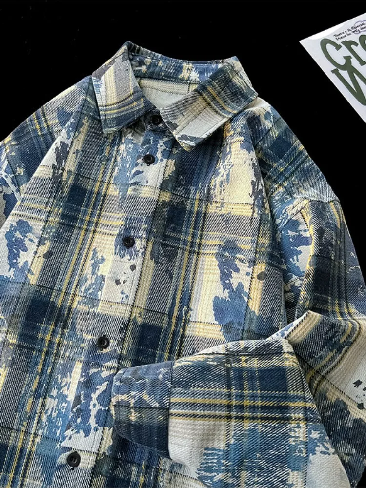 

American Retro Tie Dye Long Sve irt Men's Casual Sle Cheered Jaet Spring Autumn Haome Loose Fit Button up