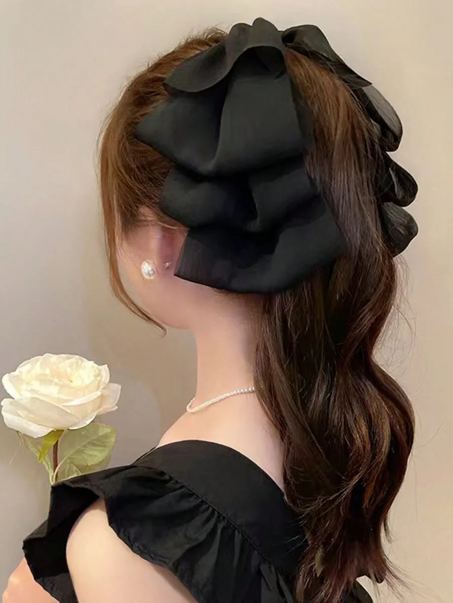 

Black Chiffon Multi-Layer Bow Hair Clip For Women Daily Use