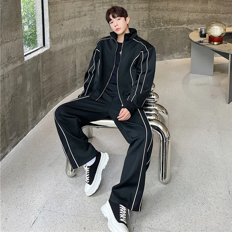 FEWQ Autumn Trend Men\'s Sport Sets Stand Collar Sweatshirt Straight Loose Pants Fashion Male Cording Design Casual Suits 9A7316