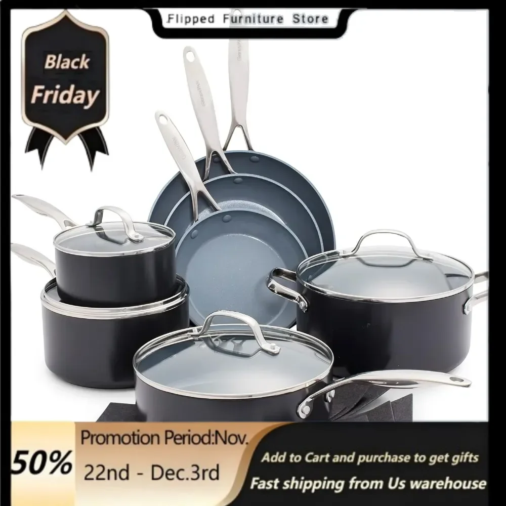 11 Piece Cookware Pots and Pans Set, Ceramic Nonstick Coating, Durable Frying Pans, Saucepans, Lids, Dishwasher & Oven Safe