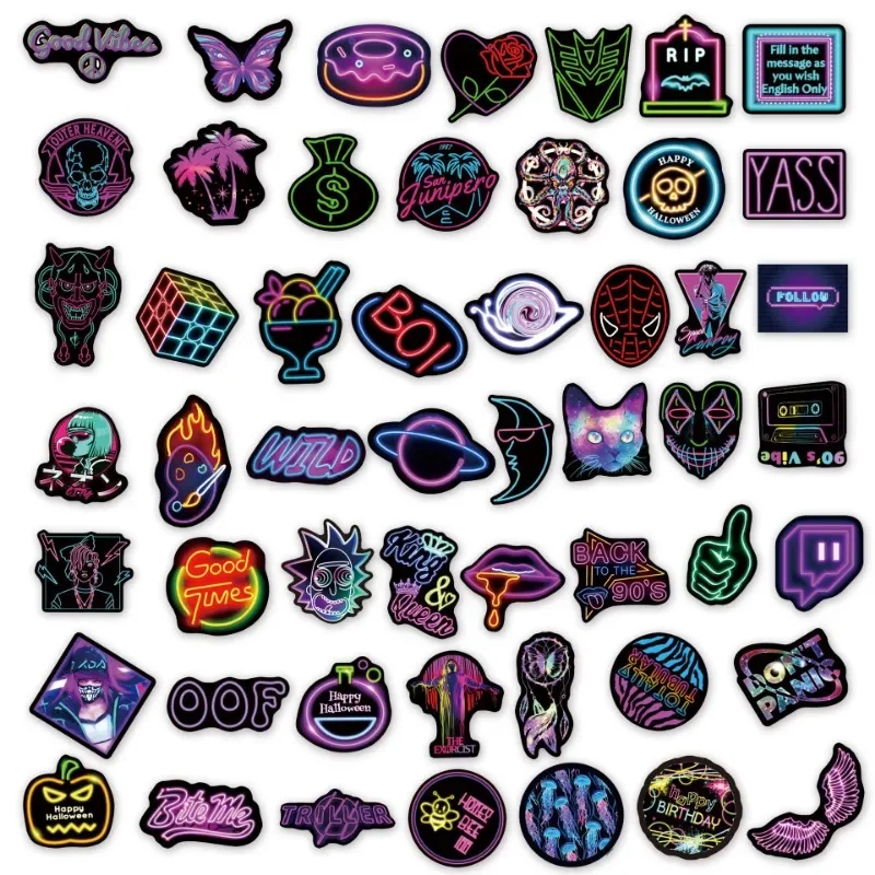 50PCS Trendy Neon Style Graffiti Motorbike Helmet Stickers Waterproof Rear Trunk Sticker Motorcycle Body Scratch Cover Decals