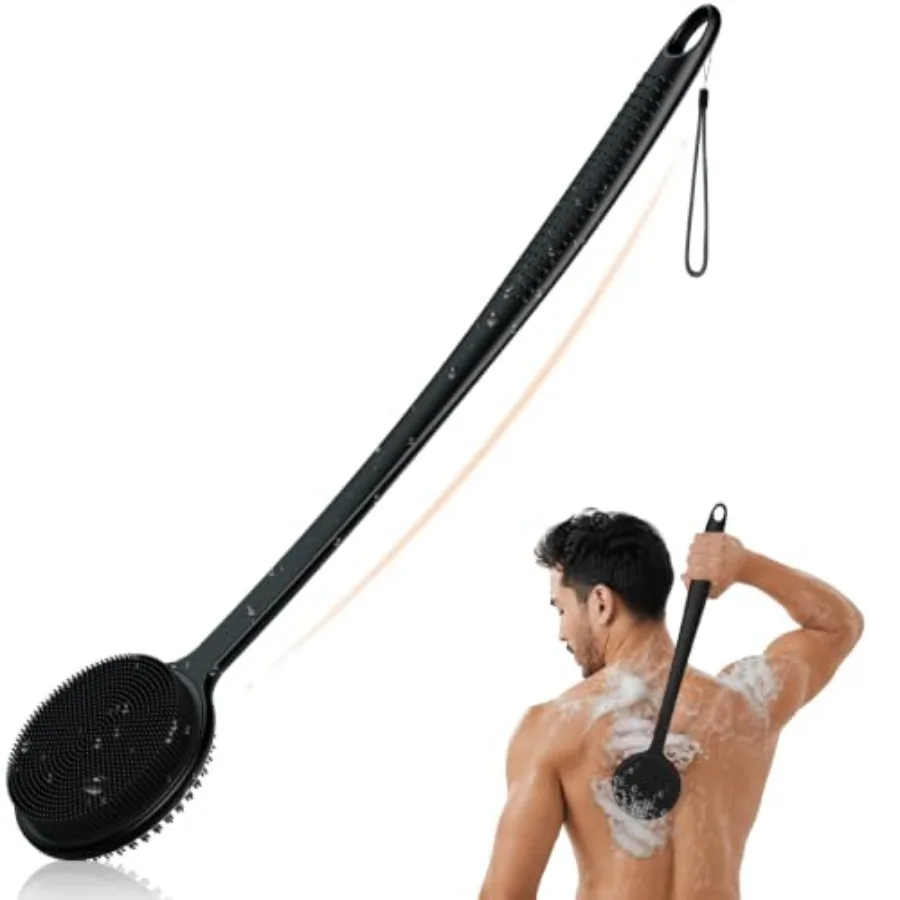 Silicone Back Scrubber for Shower, 17in Lengthen Long Handle Body Brush, Double Sided Shower Brush for Shower Exfoliating and M