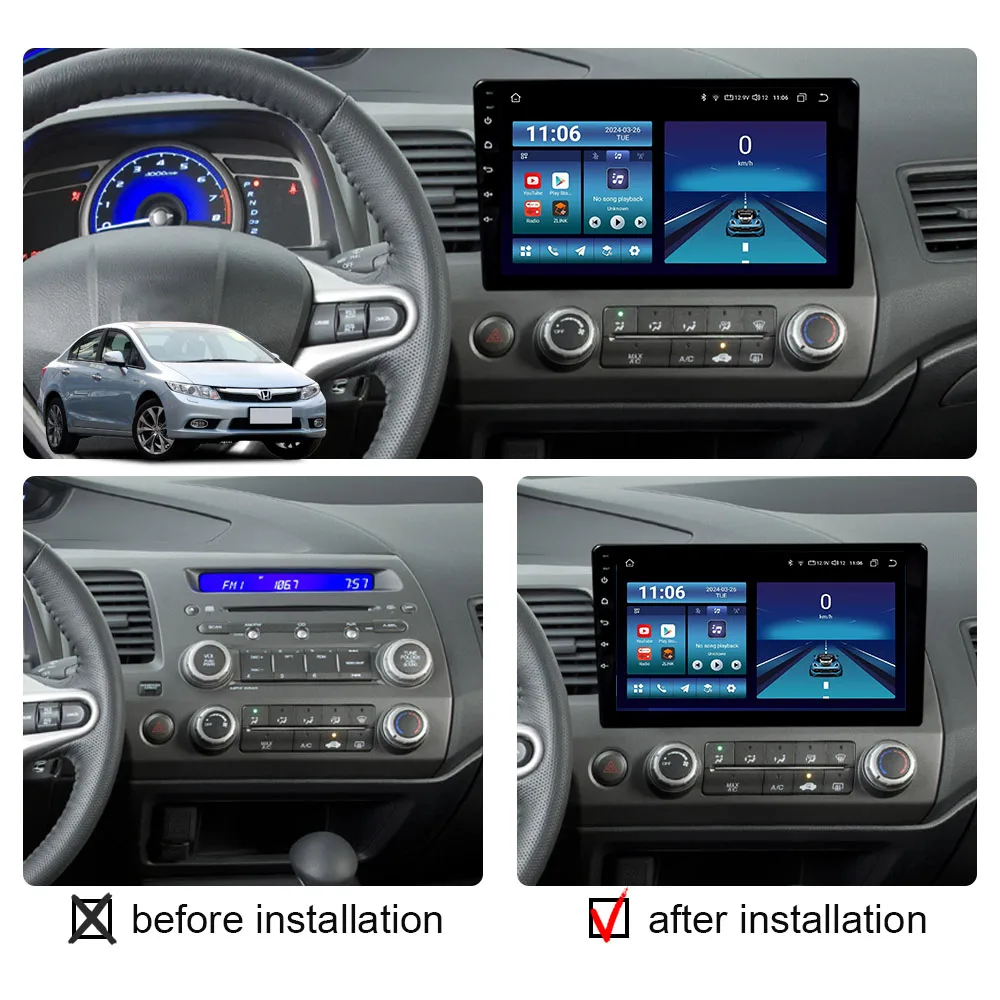 Android 14 Carplay Auto For Honda Civic 2006 - 2011 Car Radio Stereo Multimedia Video Player Wifi GPS Navigation Head Unit DSP