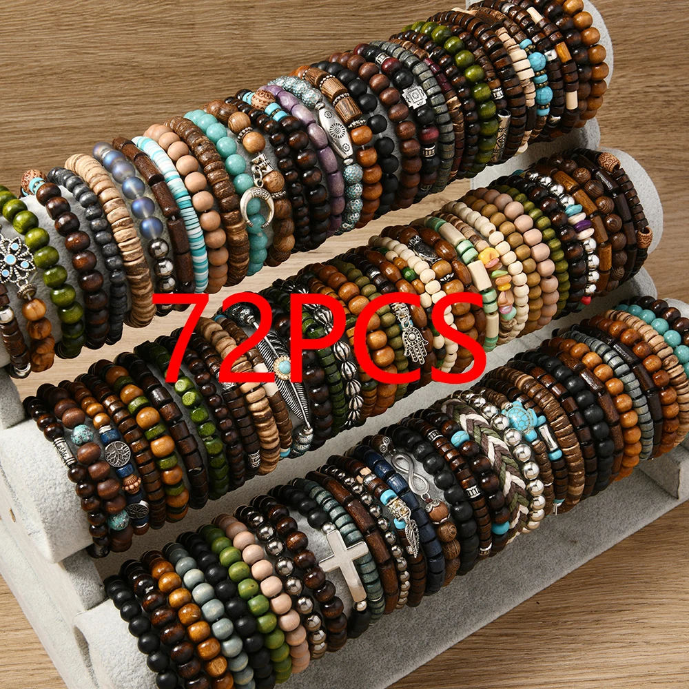 72PCS Cross-Border New Random Hot Selling Product Coconut Shell Wooden Bead Beaded Filament Men's Brace Lace Bracelet Bracel