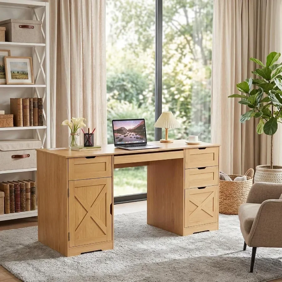 59 Inch Large Desk with Drawers, Charging Station, Natural Wood