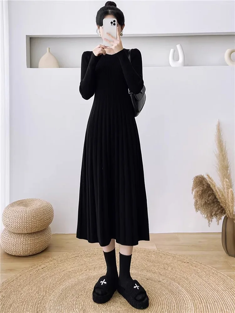 Nouveau Robe en tricot basique pour femmes automne-hiver Mode Robe pull à manches longues élastiques et col en O Robe longue élégante et décontractée